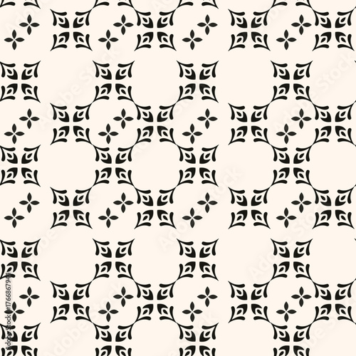 Simple minimalist geometric seamless pattern. Abstract monochrome minimal background with small floral shapes. Subtle repeat design for decor, print.
