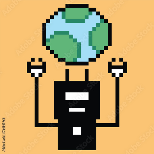 Cartoon pixel art of humanoid robot learning toy robotic engineer bot machine business vector character automation electronic background 8 bit artificial intelligence art.