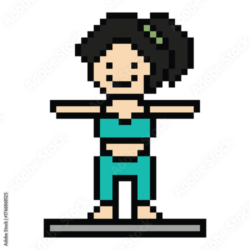 Cute pixel cartoon 8bit character woman yoga pilates stretch exercises training lifestyle vector decoration life style 8 bit female girl exercise gym yoga class fitness warm vector.