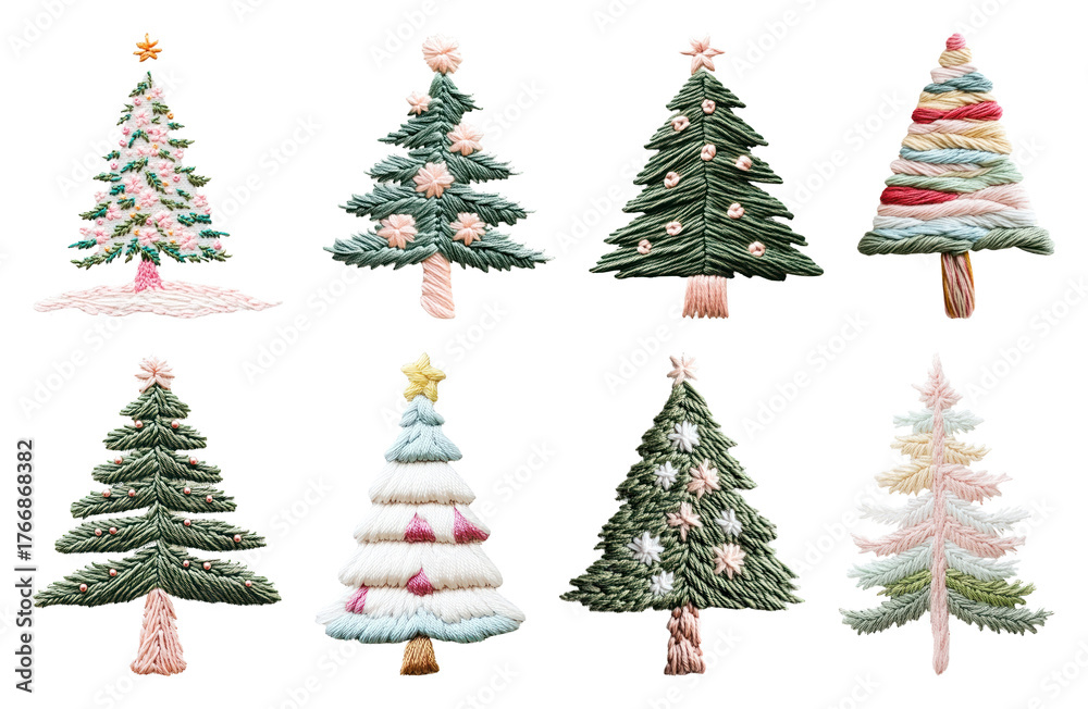 Obraz premium PNG Colorful embroidered Christmas trees, element set on transparent background