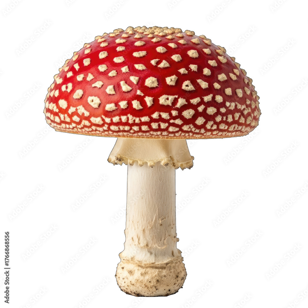 Obraz premium Red Amanita Muscaria Mushroom with White Spots on Black Background icon 2025-2026 transparent isolated on white background png 4k full hd download 1