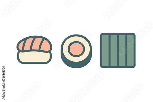 Minimalist flat design icons of traditional Japanese sushi, nigiri, and maki rolls