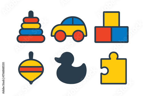 Colorful set of six classic childhood toys: car, stacking tower, puzzle, duck, blocks, and top