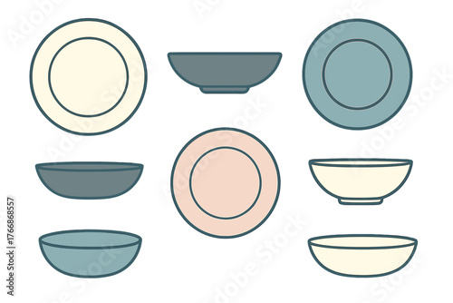 Seamless pattern of kitchen dishware collection including dinner plates and serving bowls in pastel colors