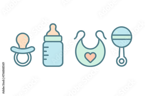 Essential newborn items set including pacifier, feeding bottle, bib, and rattle toy