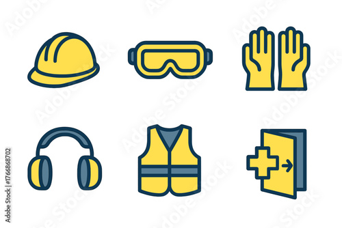 Set of construction and industrial safety equipment icons including protective helmet, eyewear, gloves, and reflective vest