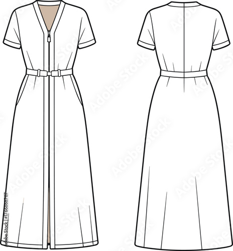 Women's Paperbag Waist Trousers Technical Flat Sketch Vector Illustration Cropped Length Belted Tie Front Pockets Apparel Template Design.