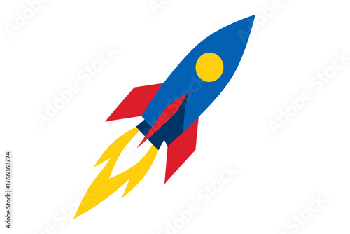 Free Download Colorful cartoon rocket ship launching into space with fire trail on a white background - GFXLoad