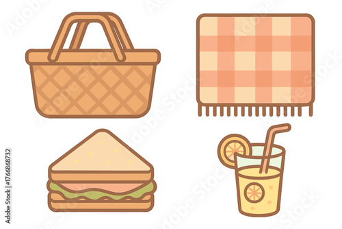 Wicker picnic basket, checkered blanket, sandwich, and glass of lemonade items