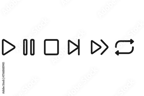 Essential media player control symbols including play pause stop skip and repeat functions