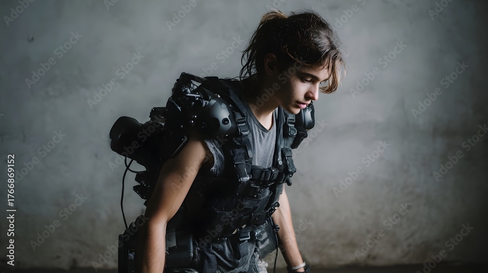 Naklejka premium A young person wearing a complex futuristic exoskeleton with tactical gear looking down in a dimly lit industrial setting