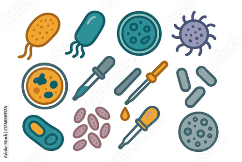 Microbiology elements including bacteria, virus, petri dish, and laboratory pipettes