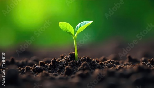 A single, vibrant green sprout pushing through rich soil, representing the emergence of spiritual growth and the power of inner strength ,  reaching,  strength,  flourishing