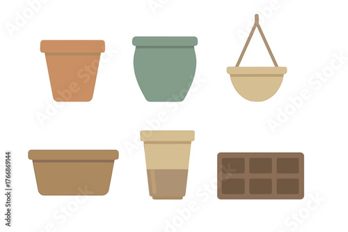 Collection of empty gardening pots planters and seed starting tray for planting