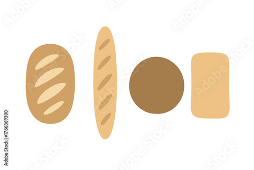 Assortment of baked goods including baguette, round loaf, and sliced bread