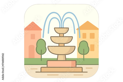 Classic tiered fountain structure in a public park surrounded by colorful residential buildings and green trees