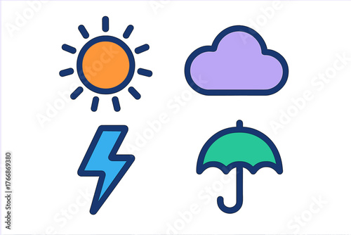 Colorful set of four weather symbols: sun, cloud, lightning, and umbrella for forecast apps
