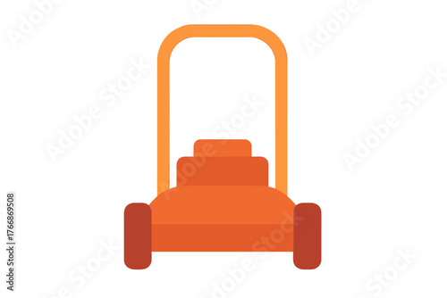 Simple orange push lawnmower with handle and wheels on a clean white background