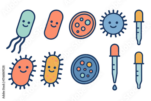 Cute cartoon microbes, bacteria, and viruses with laboratory science research tools