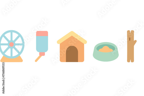 Essential accessories for small caged pets including running wheel water dispenser food bowl and shelter