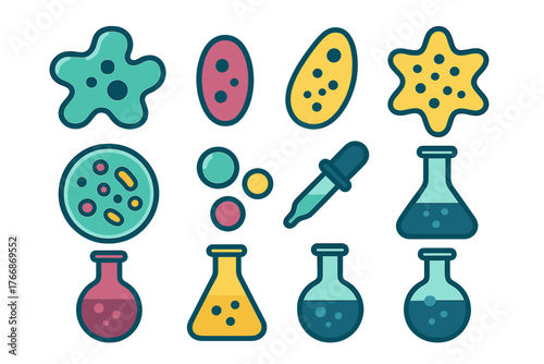 Colorful set of laboratory equipment and microscopic organisms for scientific research