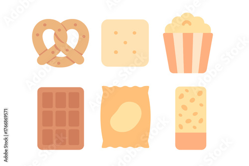 Minimalist collection of six snack icons including pretzel popcorn and chips