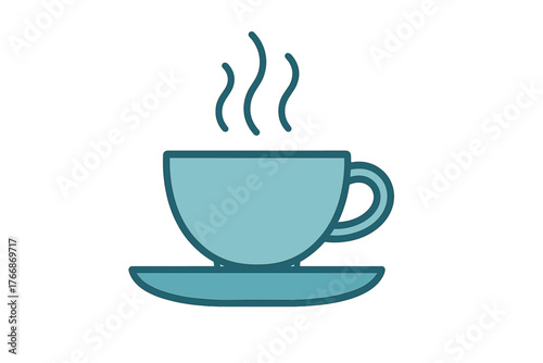 Steaming hot beverage cup on a saucer rendered in blue and teal colors