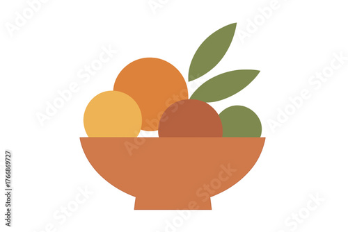 Abstract minimalist still life with fruit shapes and leaves in earthy tones