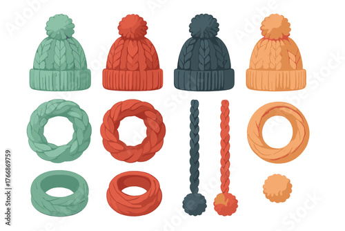 Colorful collection of knitted winter hats, scarves, and pom-poms with cable knit texture