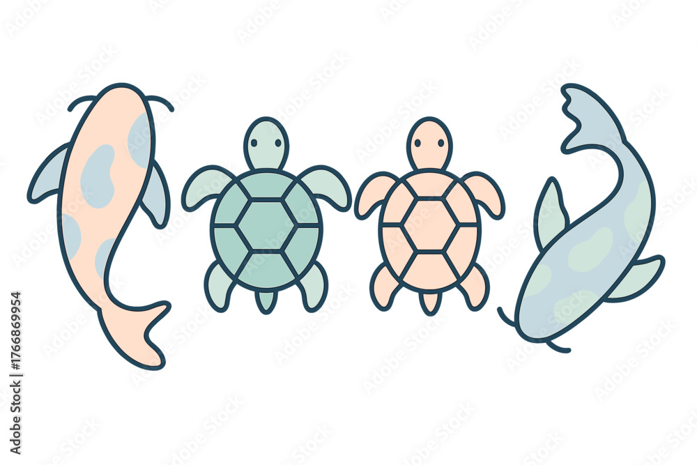 Fototapeta premium Minimalist collection of cute pastel sea turtles and koi fish swimming