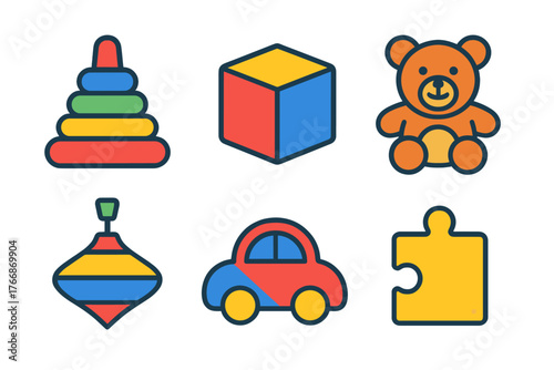 Colorful classic children's toys set featuring a teddy bear, stacking rings, cube, toy car, and puzzle