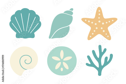 Stylized seashells, starfish, sand dollar, and coral marine life elements