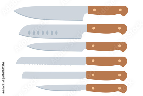 Set of essential kitchen cooking knives including chef utility and bread knives with brown handles