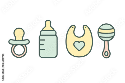 Essential newborn baby care items set including pacifier, bottle, bib, and rattle toy