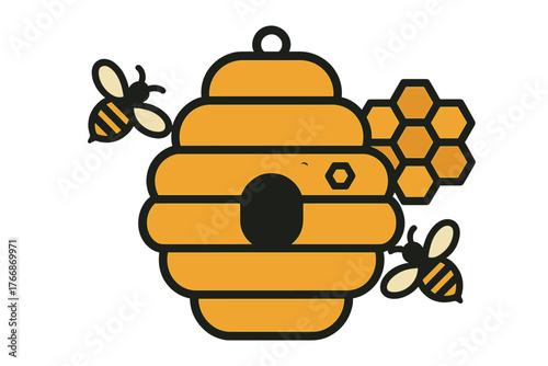 Stylized yellow beehive with flying honey bees and hexagonal honeycomb structure