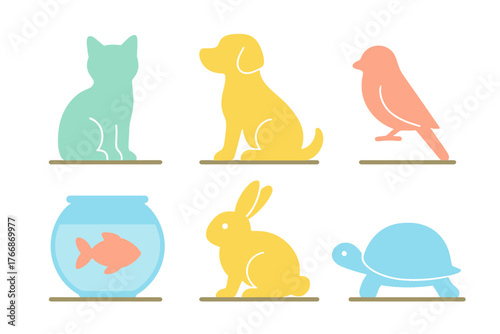 Minimalist collection of six common domestic pets silhouettes in pastel colors on a white background