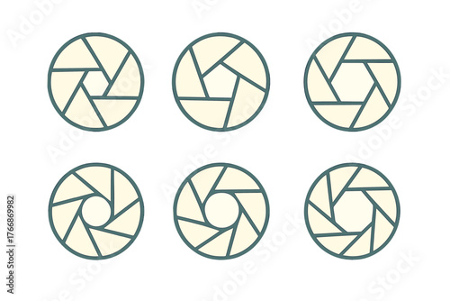 Six camera lens aperture settings showing various degrees of light exposure opening