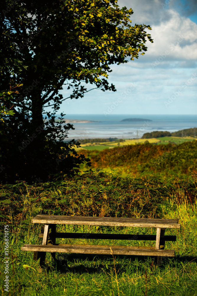Fototapeta premium Wooden bench overlooking Welsh coast and distant island