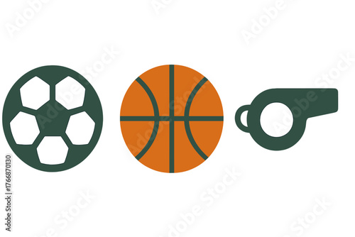Minimalist sports equipment set with soccer ball basketball and referee whistle