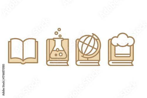 Outline icons depicting various academic subjects including chemistry, geography, literature, and cooking