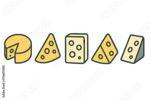 Assortment of various yellow cheese pieces and shapes including wedges and a wheel