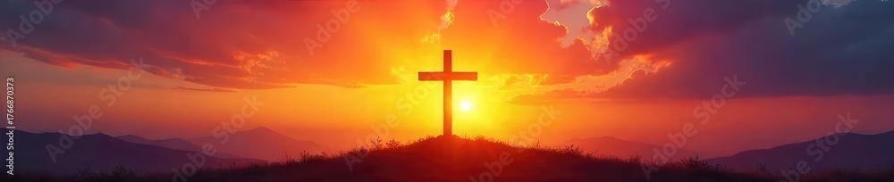 Fototapeta premium A symbolic image depicting the concept of Christian salvation; a cross silhouetted against a vibrant sunrise, conveying hope, redemption, and new beginnings , salvation, peace, life