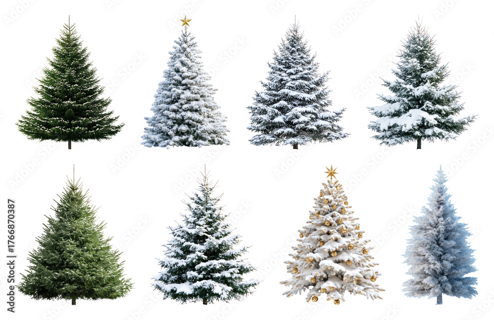 Fototapeta premium PNG Variety of snowy Christmas trees, element set on transparent background
