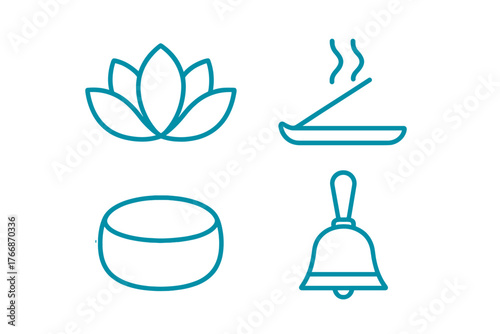 Minimalist symbols for meditation and spiritual wellness featuring lotus flower incense and bell