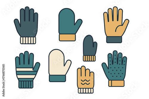 Collection of various warm winter gloves and mittens icons set in flat design style