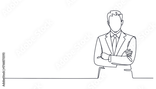 Minimalist continuous line drawing of a confident businessman with crossed arms