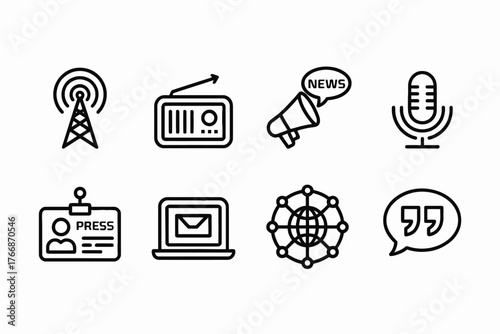 Communication and Media Icons Featuring Radio News Announcement Microphone and Connectivity Broadcasting Information Channels
