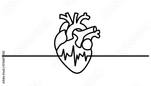 Minimalist continuous line drawing of human heart with ekg pulse vital sign medical symbol