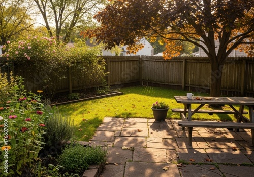 Photo of a backyard of a townhouse on a sunny autumn day in a soft sunset light