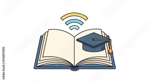 An open book with a graduation cap and Wi-Fi symbol representing online education and e-learning.